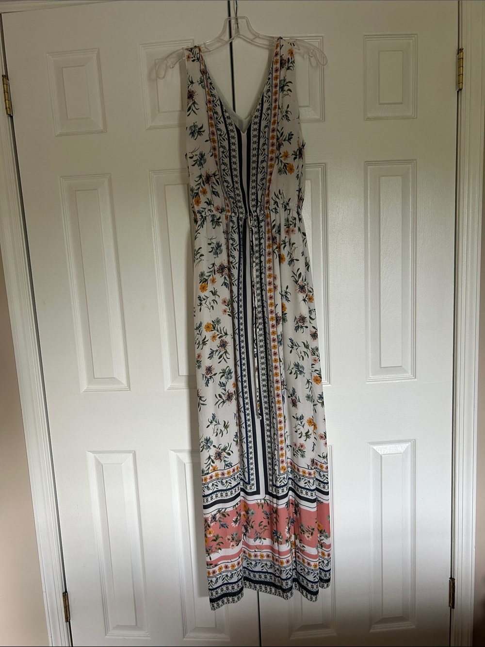Lucky Brand White Maxi Dress with Coral and Navy Border